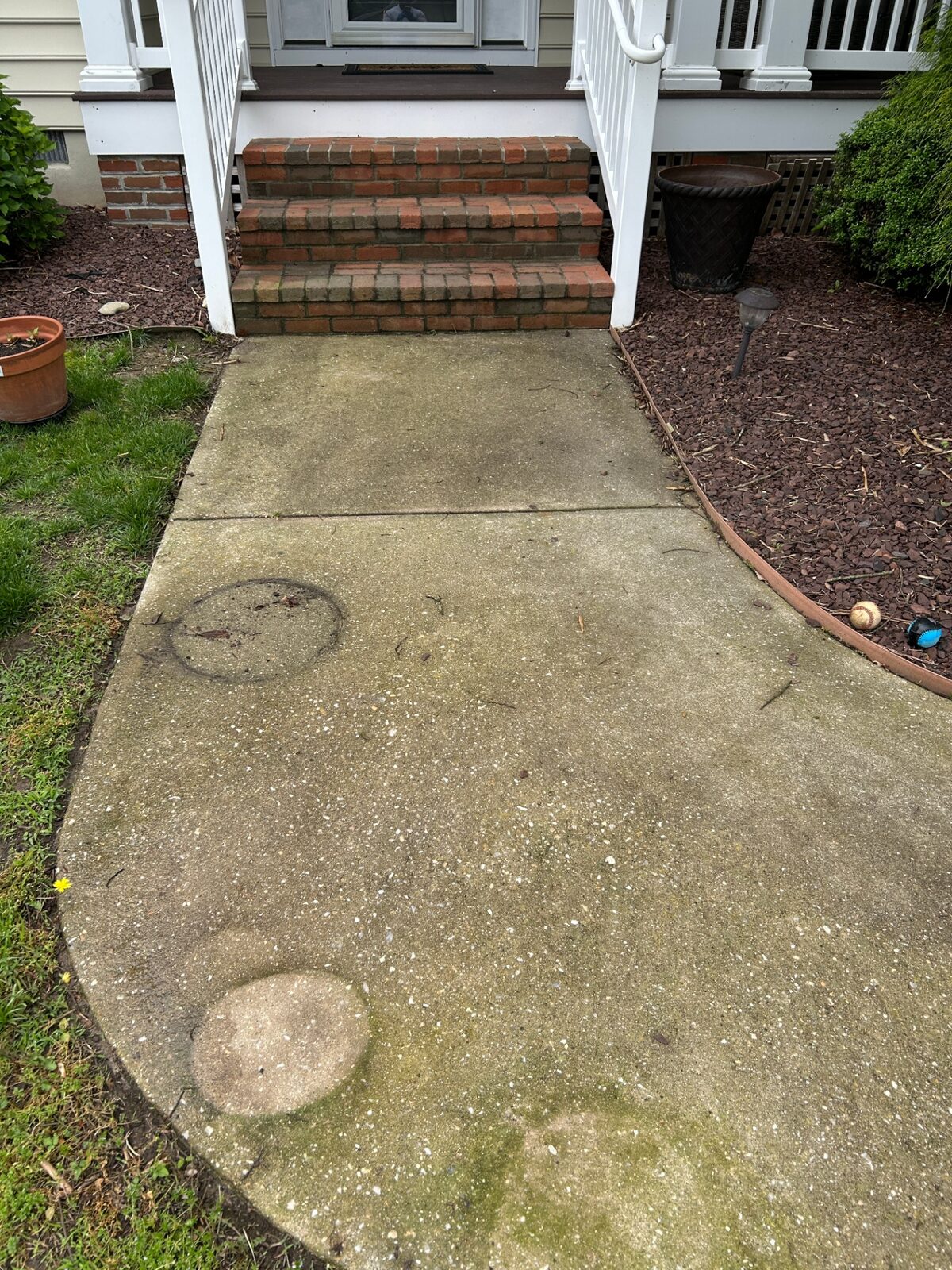 Stained concrete walkway with algae before cleaning